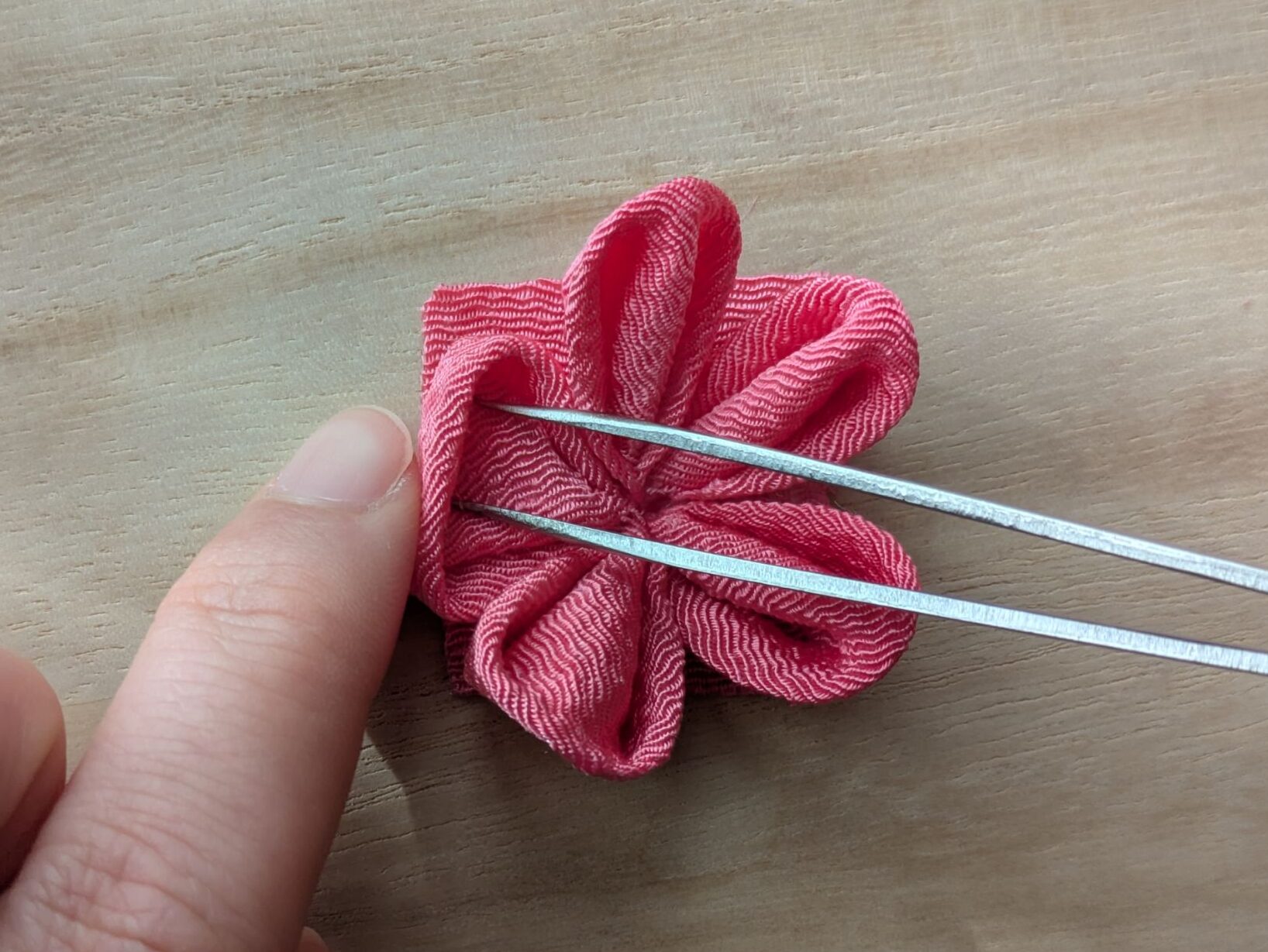 ピンクの花びらを開いいるところ