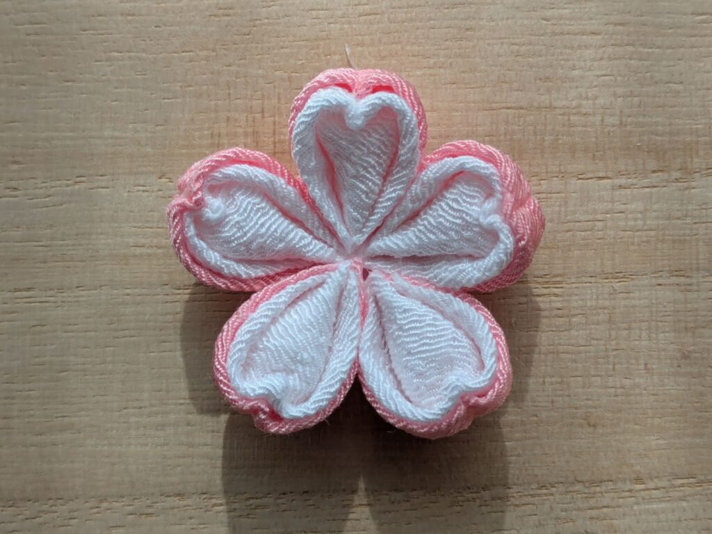 二重丸つまみの桜の花びら５枚をつまんでいる