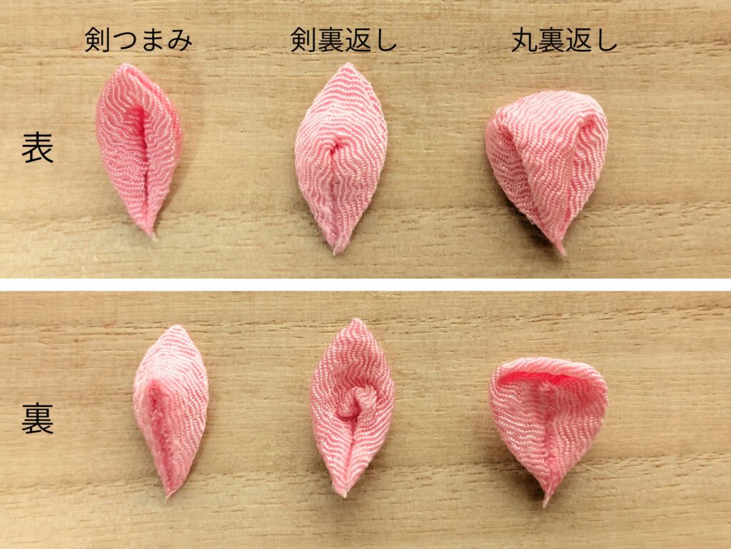 剣裏返しの比較、左から剣つまみ、剣裏返し、丸裏返し